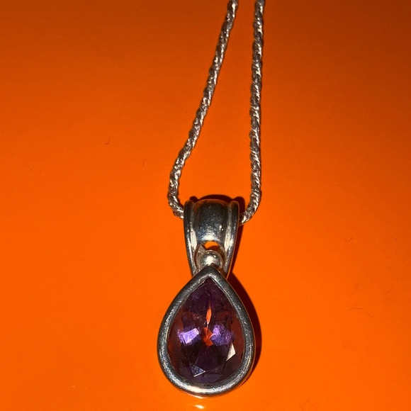 Large 1” Amethyst Teardrop Pendant Sterling Silver Necklace 16" Rope Chain - Picture 3 of 15